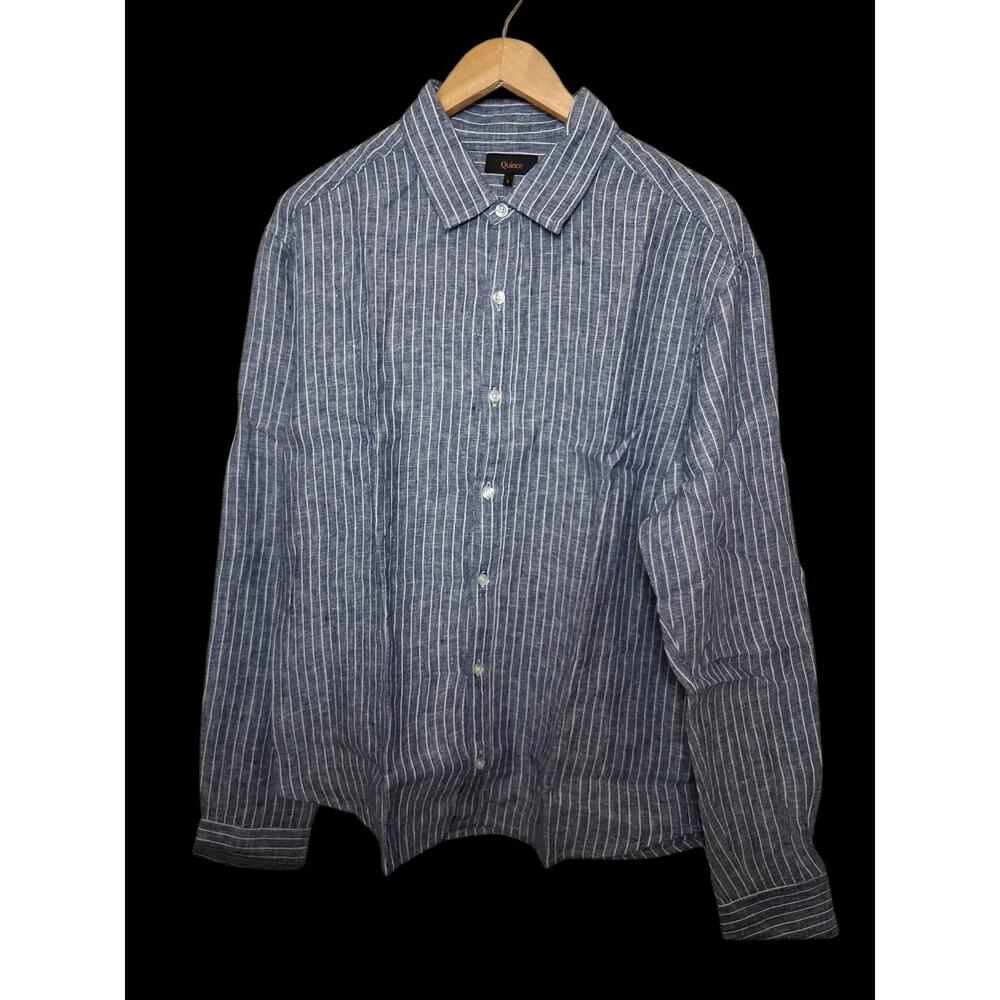 Quince Blue 100% euro linen chambray striped button up blouse women's Large NWT - Picture 2 of 9